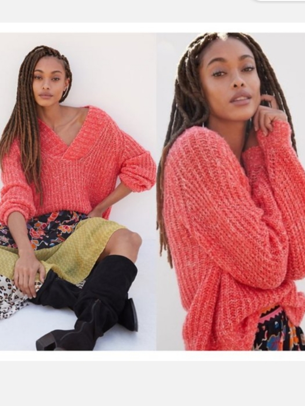 Anthropologie Coral Orange V-Neck Chunky Knit Cropped Sweater Preppy Baddie Cute
